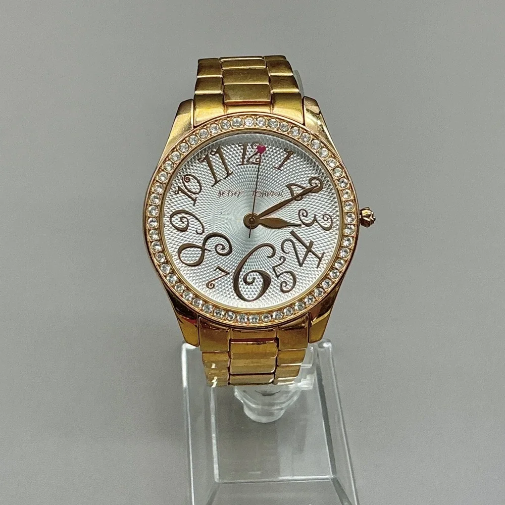 Betsey Johnson Watch Gold Tone Crystal Rhinestone Bezel 40mm NEW BATTERY